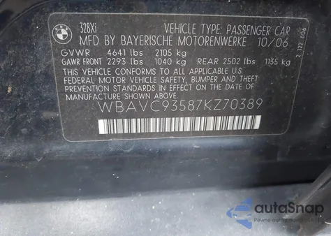 2007 BMW 328Xi z USA, uszkodzony, nr VIN WBAVC93587KZ70389